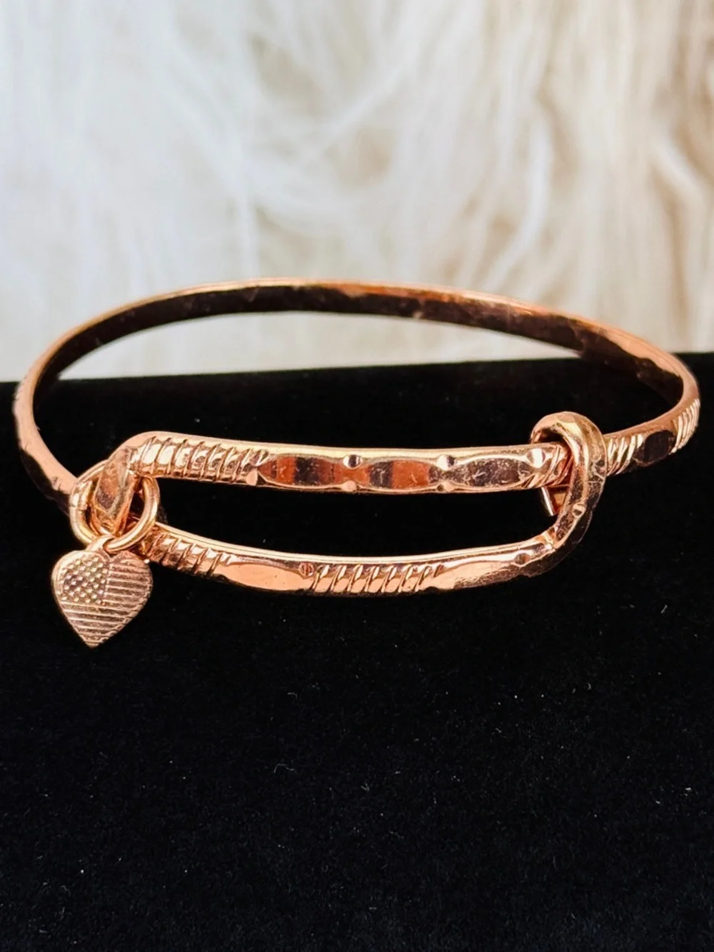 Rose Gold Tone Double-Band Heart Charm Bangle Bracelet